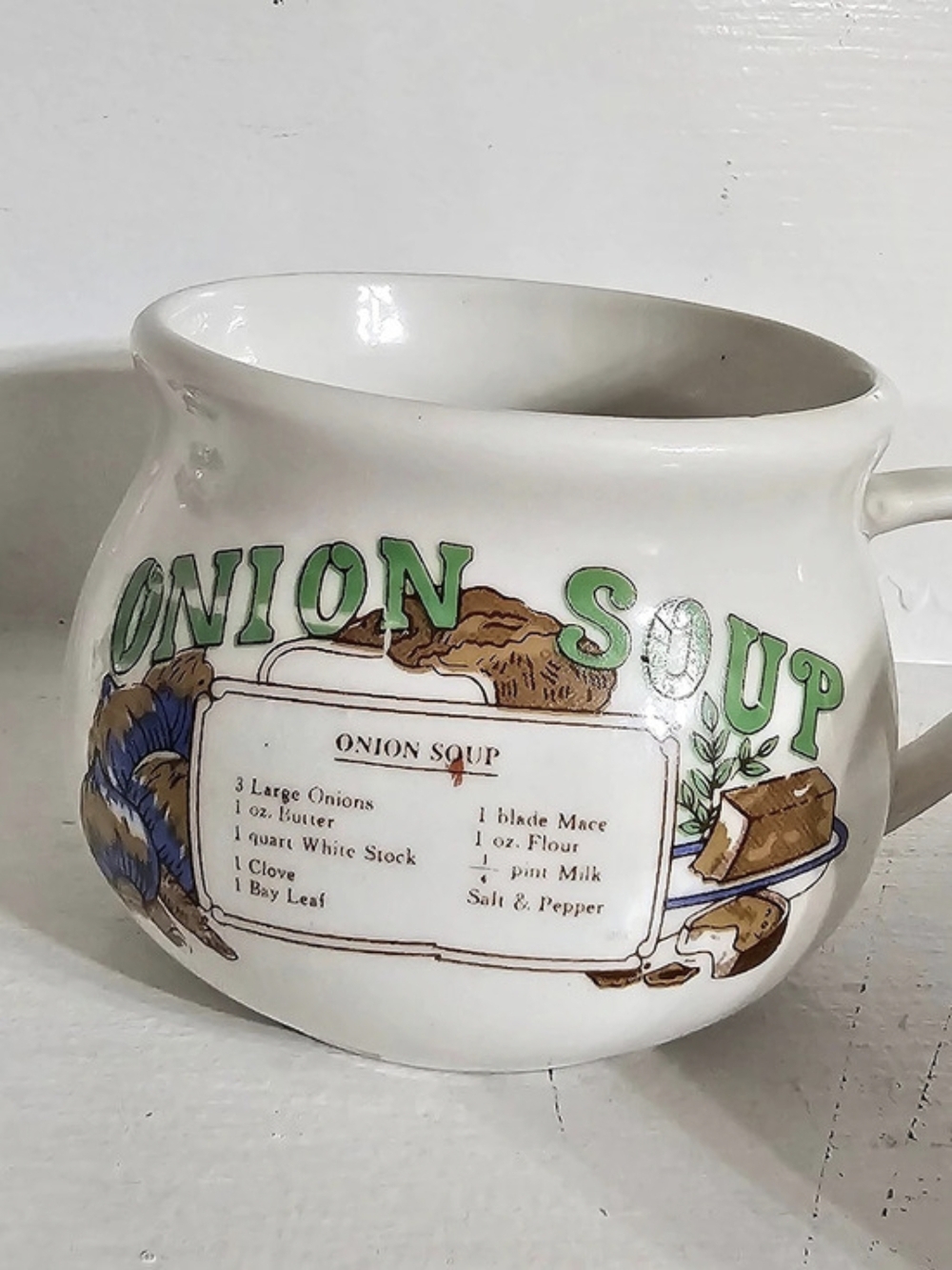 Vintage Onion Soup Recipe Mug Ceramic White & Green
